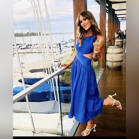 NWT Zimmermann Tropicana Asymmetric Open Back Linen Midi Dress Size XL /4 Blue - Picture 8 of 12